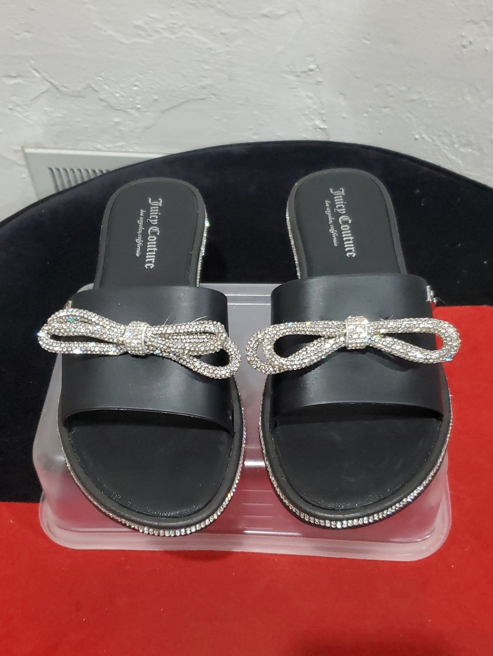 Juicy Couture Black Slide Mules with Crystal Bow Size 10